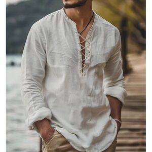 The Havanera Co Mens Linen Blend Cream Shirt Large Lightweight Beach Photos NWOT